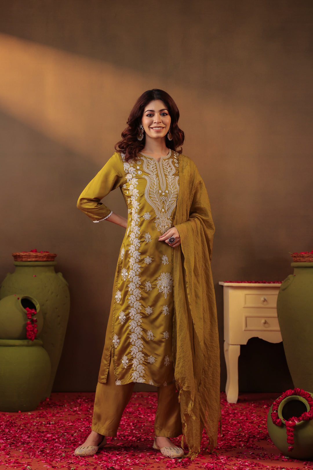 Chikankari Suit Set Olive