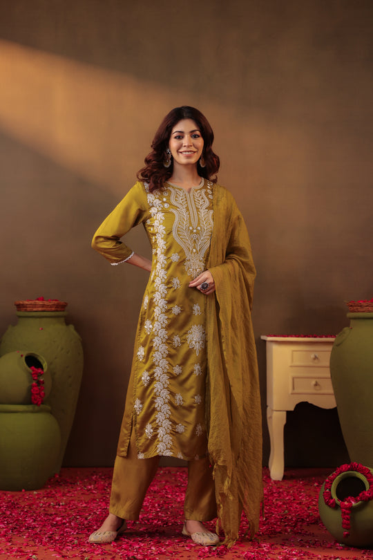 Chikankari Suit Set Olive