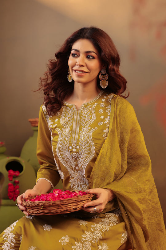 Chikankari Suit Set Olive