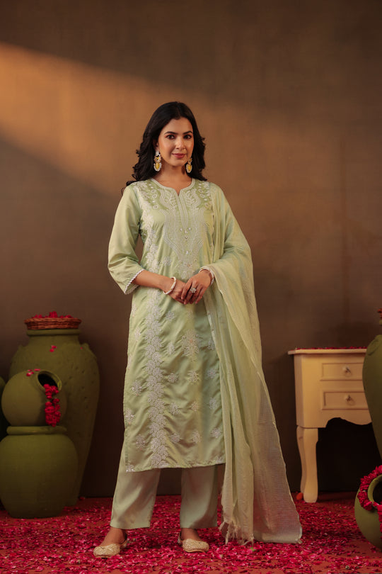 Chikankari Suit Set Pista Green
