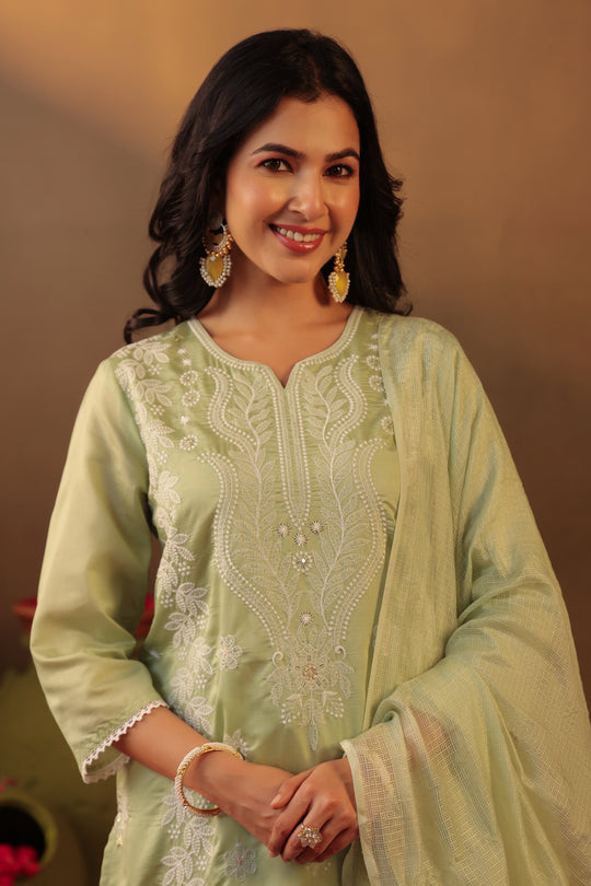 Chikankari Suit Set Pista Green