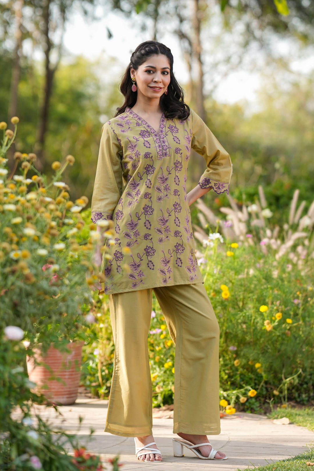 Olive Green Cotton Kurta Set for Women with Palazzo Pants