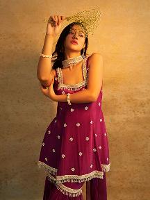 Aubergine Sharara set With Choker Dupatta - Cult91