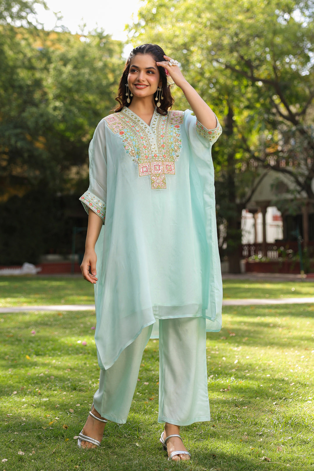 Ice Blue Kaftan Embroidered Kurta Set for Women