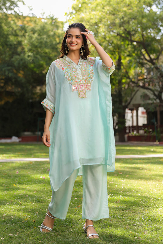 Ice Blue Kaftan Embroidered Kurta Set for Women