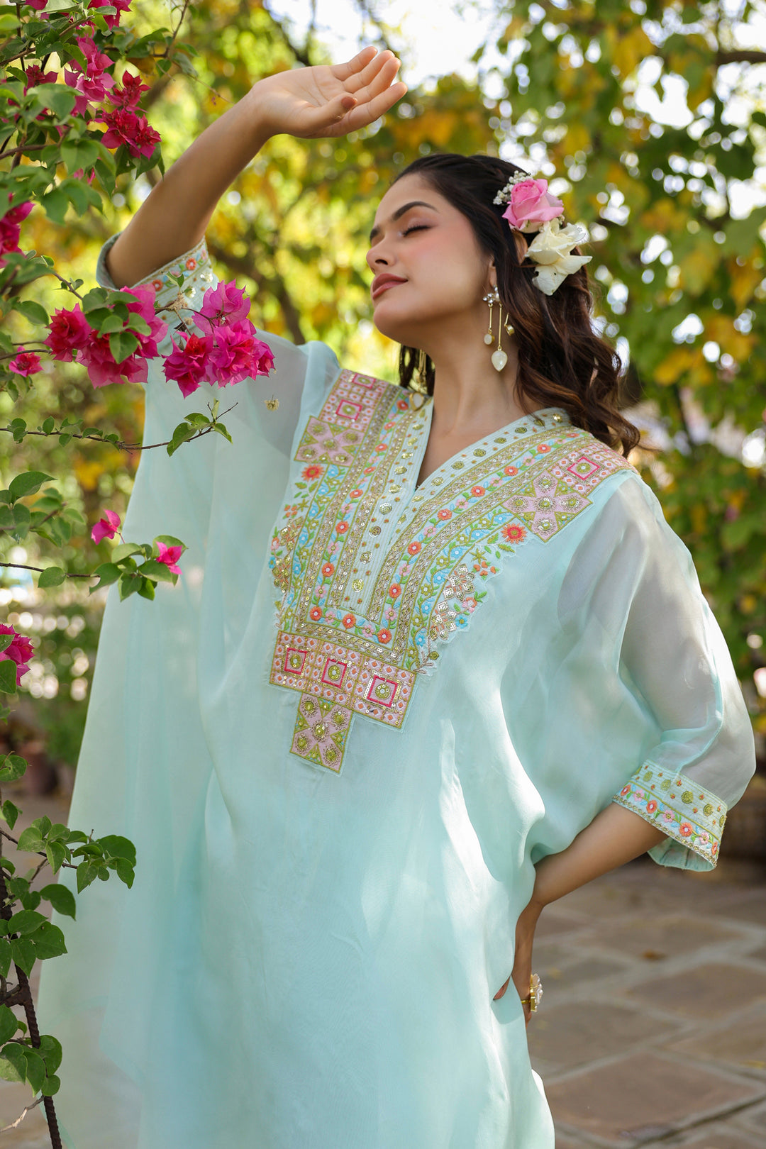 Ice Blue Kaftan Embroidered Kurta Set for Women