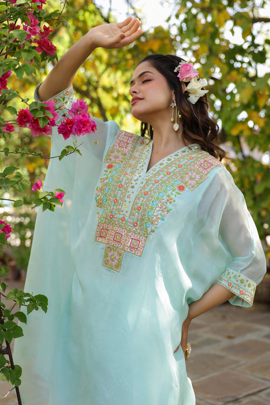 Ice Blue Kaftan Embroidered Kurta Set for Women