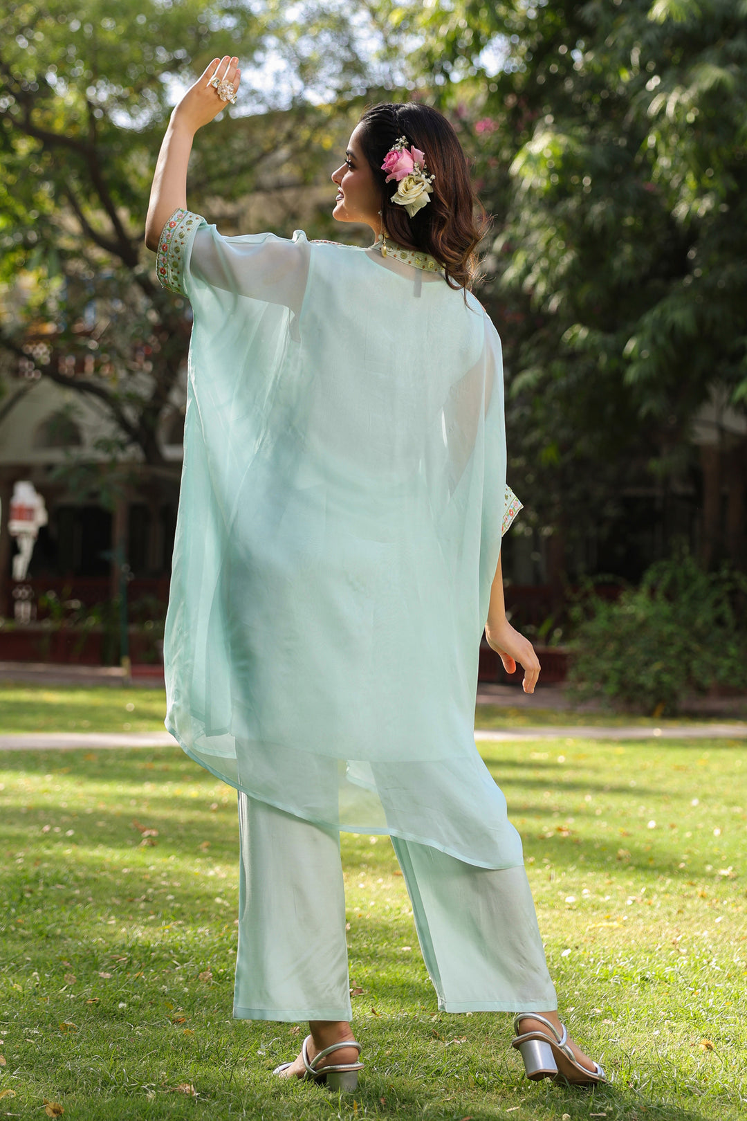 Ice Blue Kaftan Embroidered Kurta Set for Women