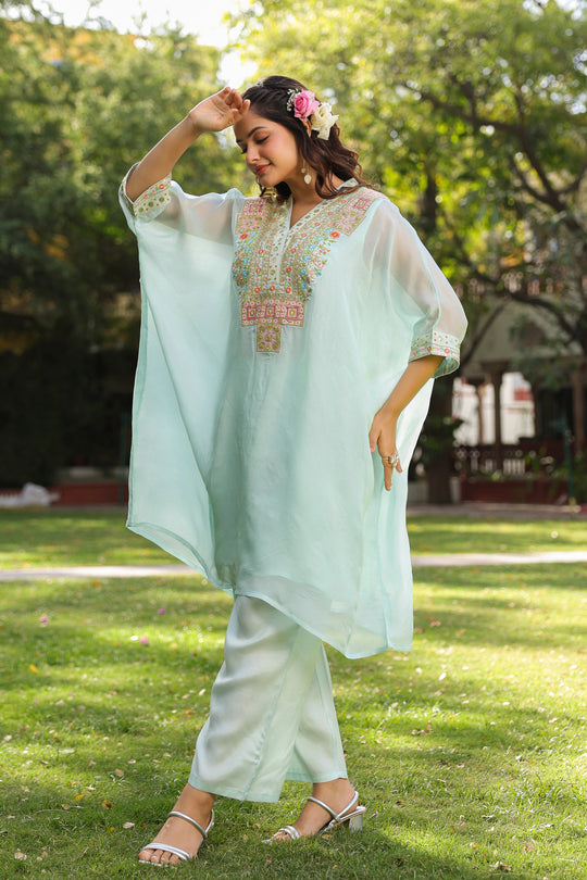 Ice Blue Kaftan Embroidered Kurta Set for Women