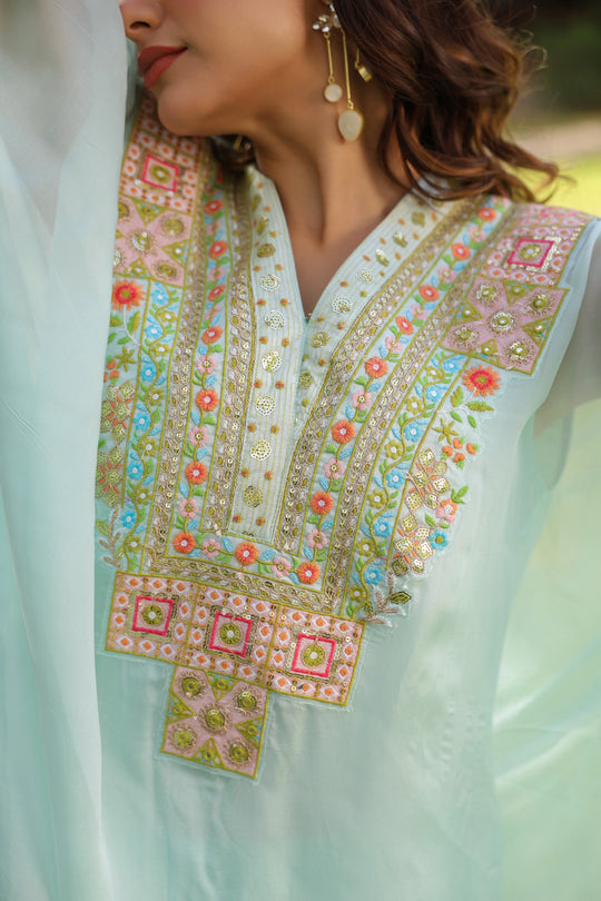 Ice Blue Kaftan Embroidered Kurta Set for Women