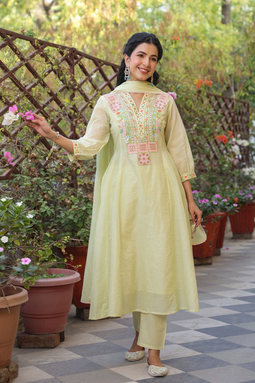 Lime Green Embroidered Straight Kurta Set with Dupatta