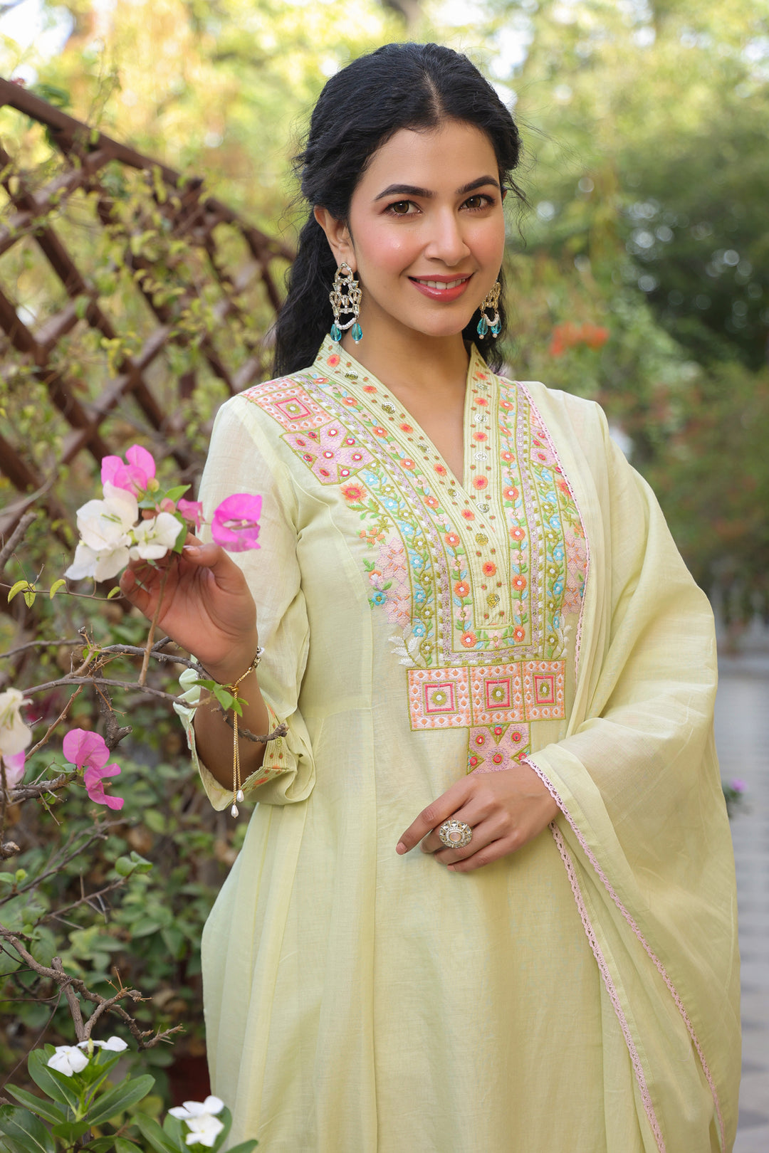 Lime Green Embroidered Straight Kurta Set with Dupatta