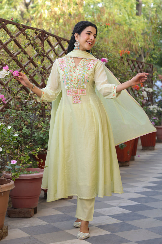 Lime Green Embroidered Straight Kurta Set with Dupatta