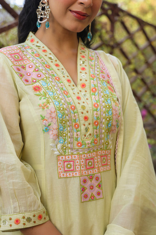 Lime Green Embroidered Straight Kurta Set with Dupatta
