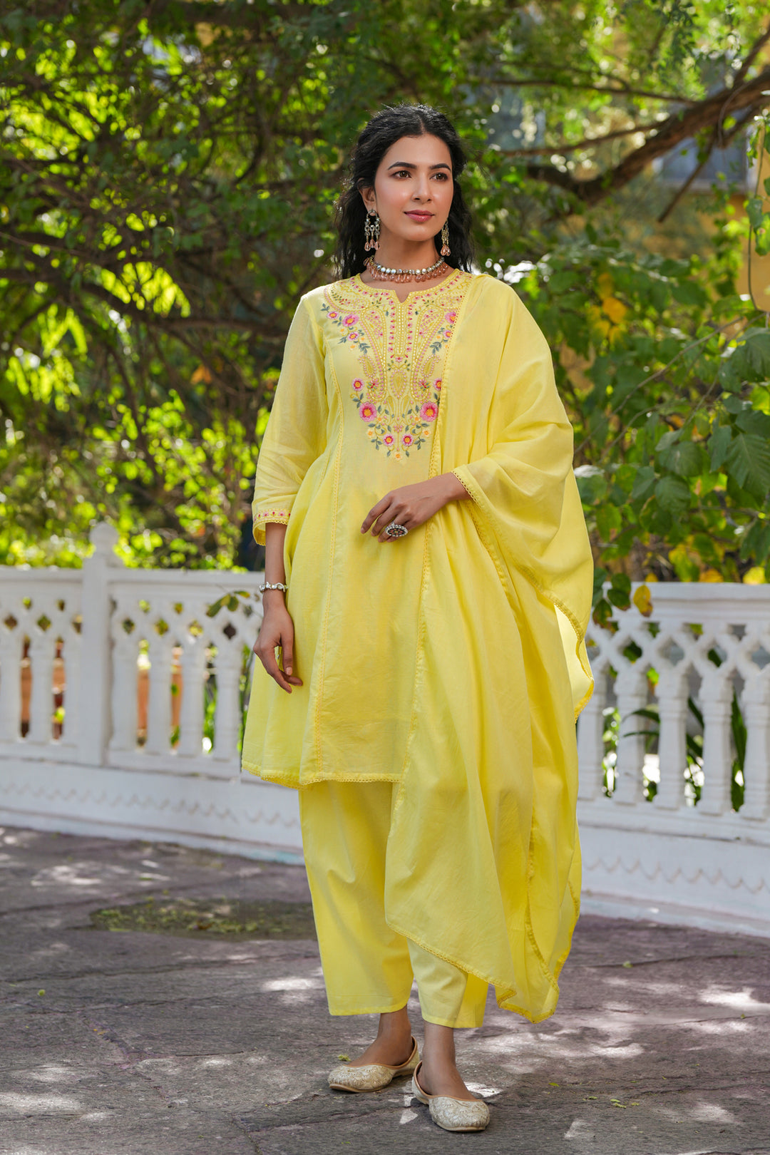 Lime Yellow Embroidered Cotton Kurta Set for Women - Floral Thread Work