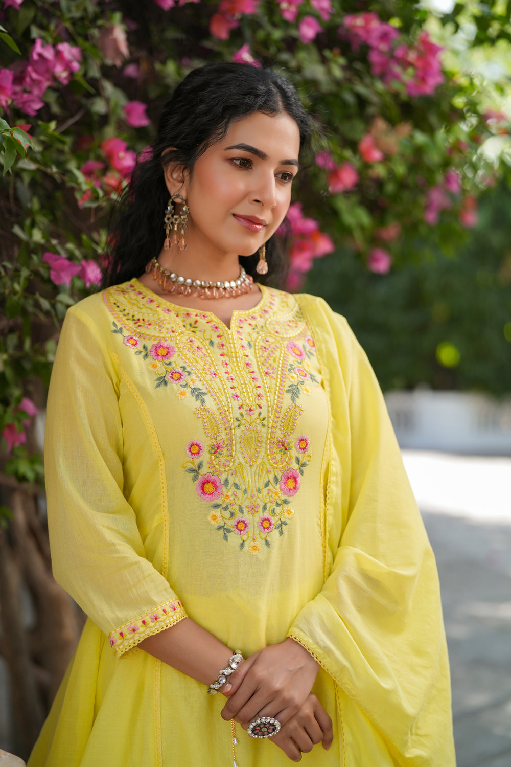 Lime Yellow Embroidered Cotton Kurta Set for Women - Floral Thread Work