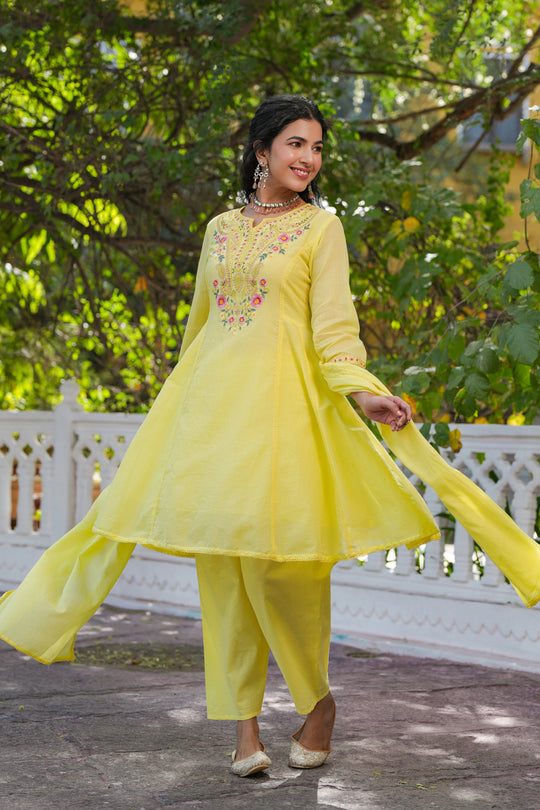 Lime Yellow Embroidered Cotton Kurta Set for Women - Floral Thread Work