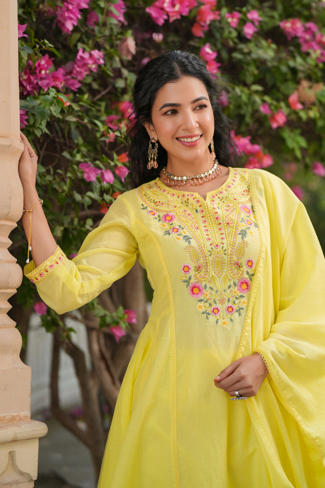Lime Yellow Embroidered Cotton Kurta Set for Women - Floral Thread Work