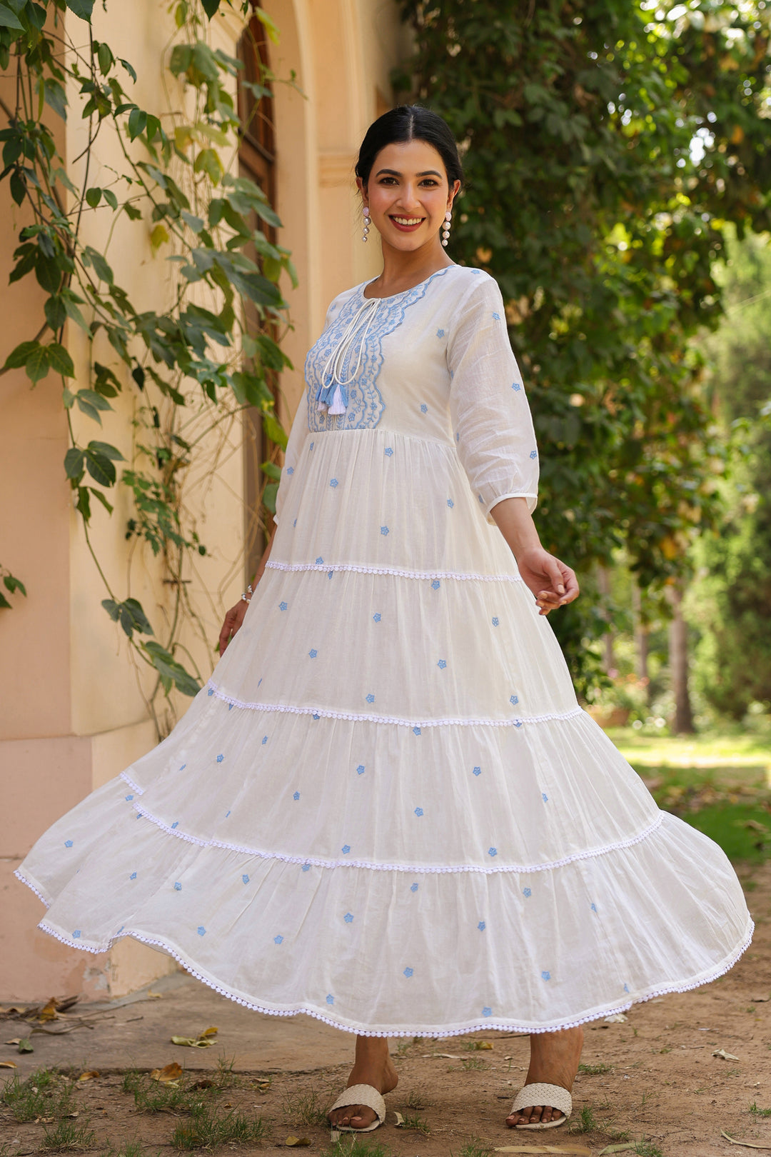 White Cotton Tiered Maxi Dress for Women with Blue Embroidery