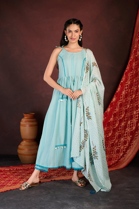 Blue Tiered Anarkali Set