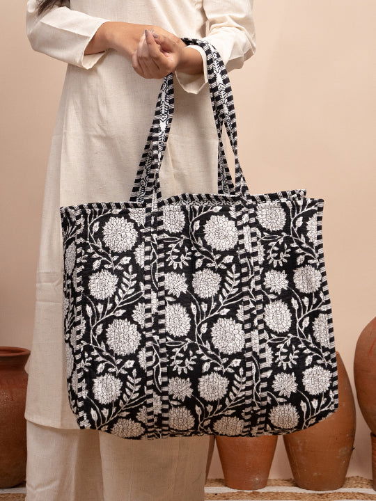 Gothic Blooms Printed Quilted Tote Bag with Inner Pocket - Cult91