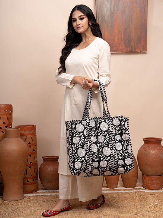Gothic Blooms Printed Quilted Tote Bag with Inner Pocket - Cult91