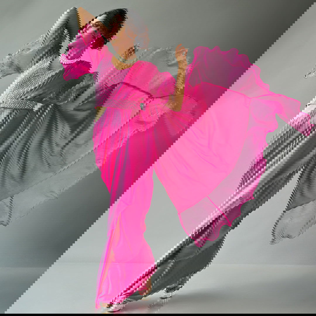 Magenta Solid Ruffled Sari Set - Cult91