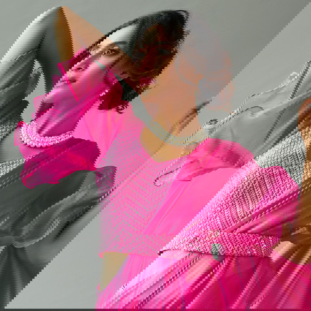 Magenta Solid Ruffled Sari Set - Cult91