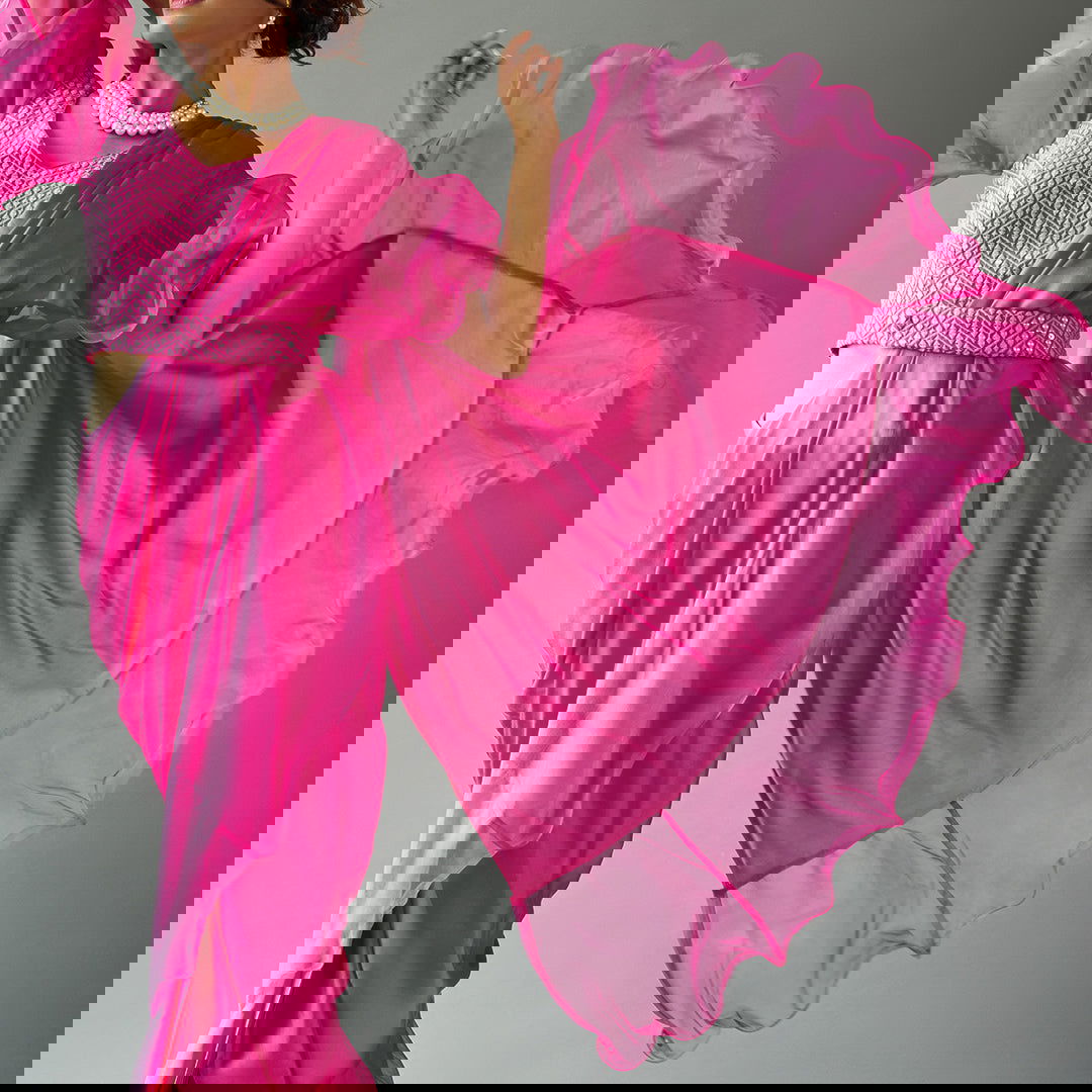 Magenta Solid Ruffled Sari Set - Cult91