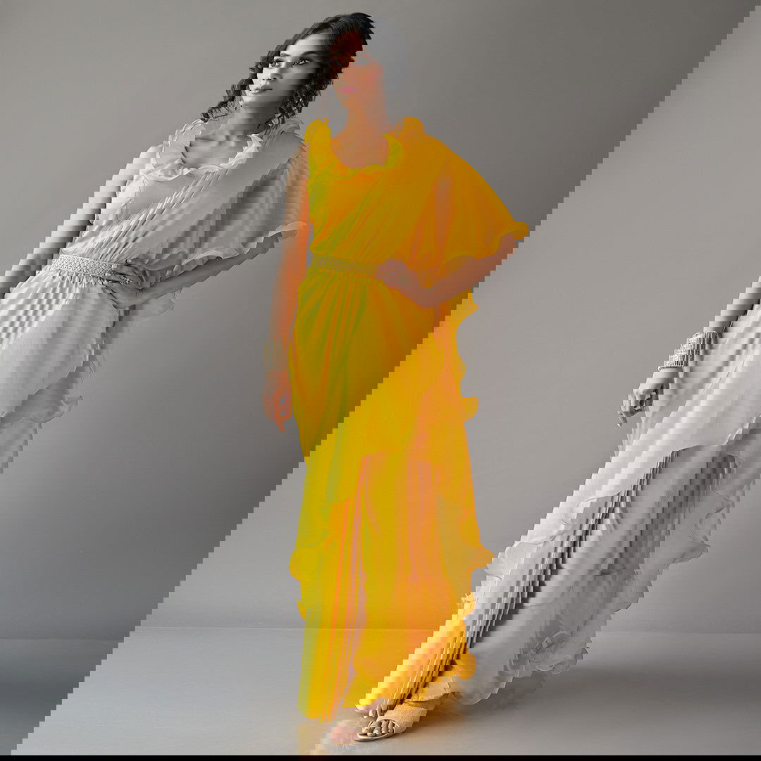 Mustard Solid Ruffled Sari Set - Cult91