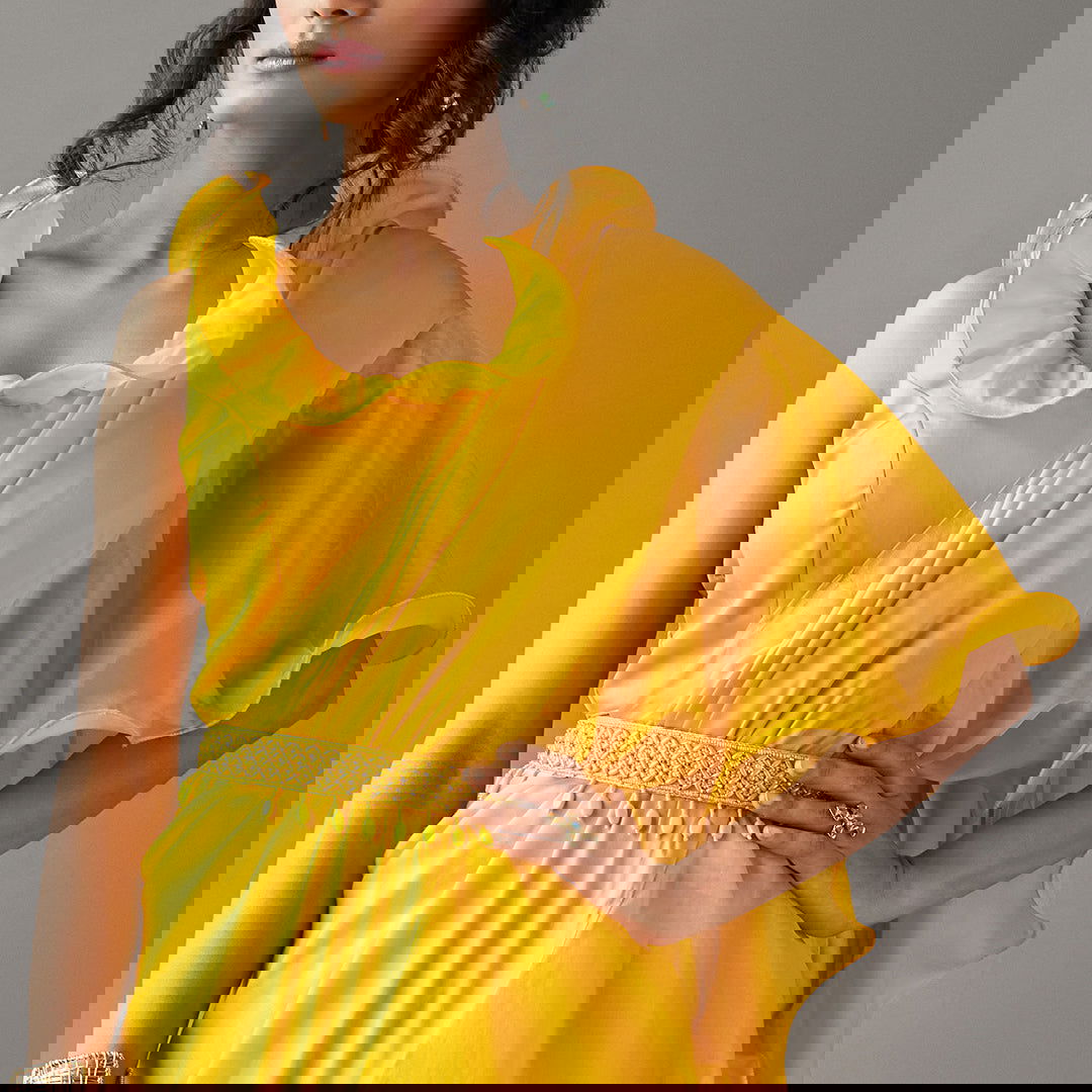 Mustard Solid Ruffled Sari Set - Cult91