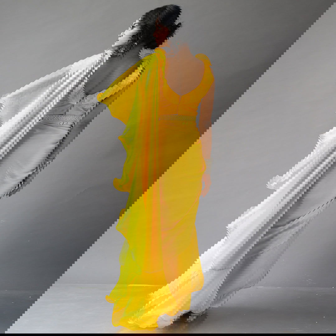 Mustard Solid Ruffled Sari Set - Cult91