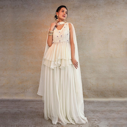 Off-white Peplum Top with Palazzo and Choker Dupatta - Cult91