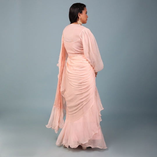 Pastel Peach Ruffled Sari Set - Cult91