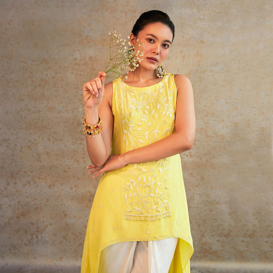 Pastel Yellow High-Low Kurta with Ivory Tulip Pant Set - Cult91