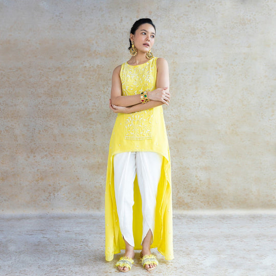 Pastel Yellow High-Low Kurta with Ivory Tulip Pant Set - Cult91