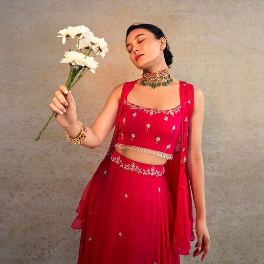 Pink Double Skirt With Crop And Peplum Open Jacket - Cult91