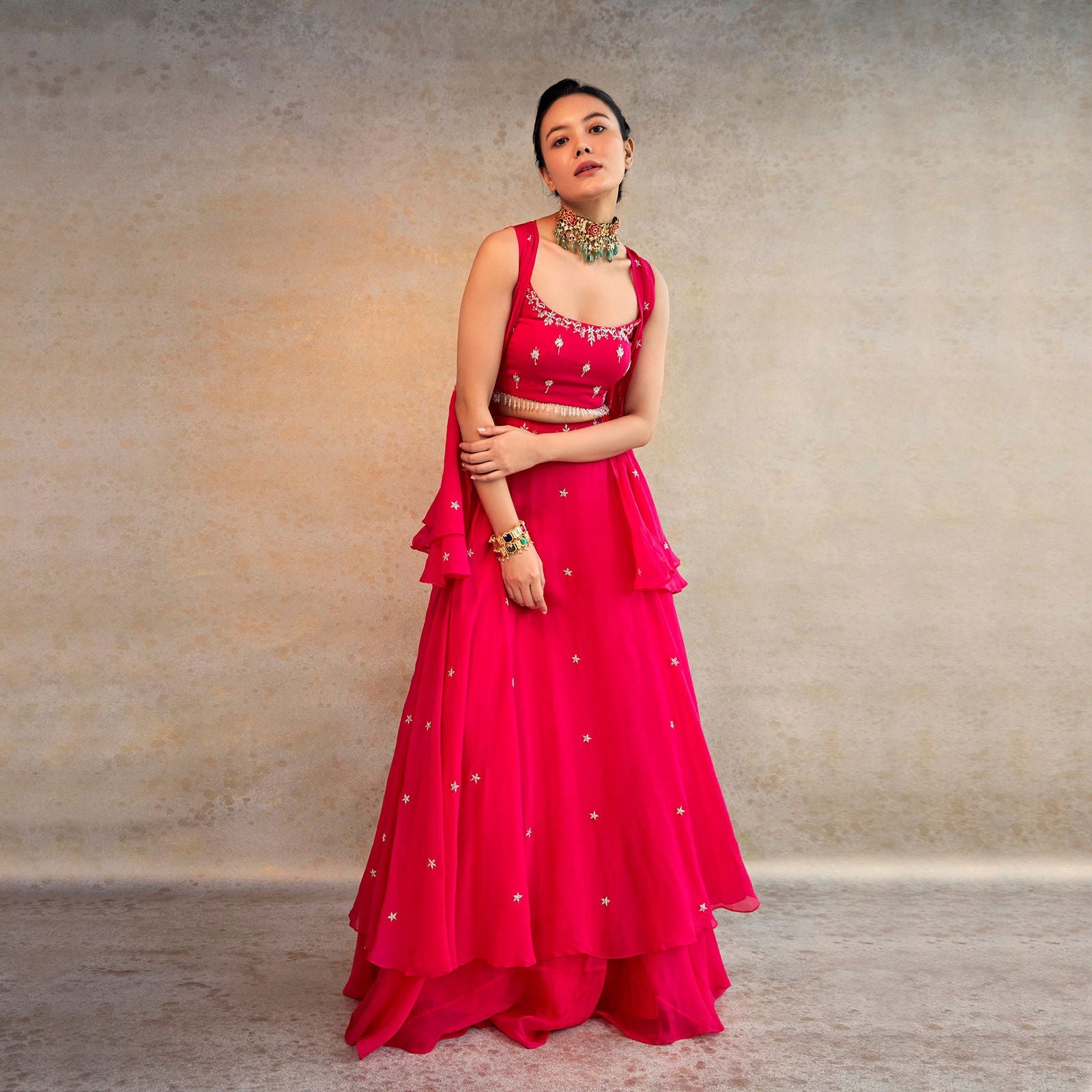 Pink Double Skirt With Crop And Peplum Open Jacket - Cult91