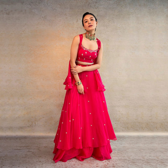 Pink Double Skirt With Crop And Peplum Open Jacket - Cult91