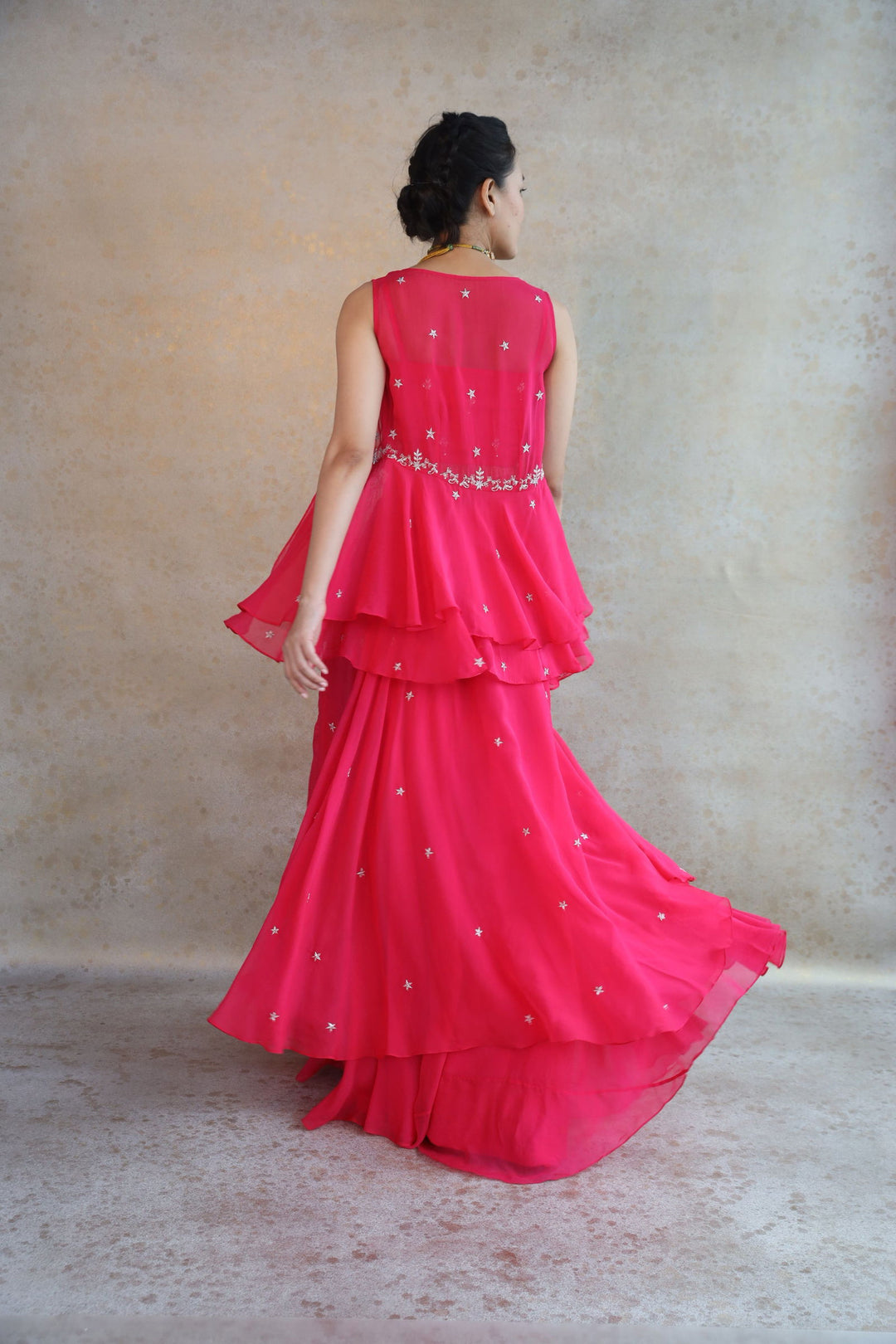 Pink Double Skirt With Crop And Peplum Open Jacket - Cult91