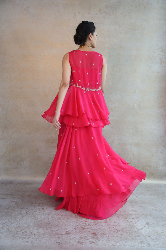 Pink Double Skirt With Crop And Peplum Open Jacket - Cult91