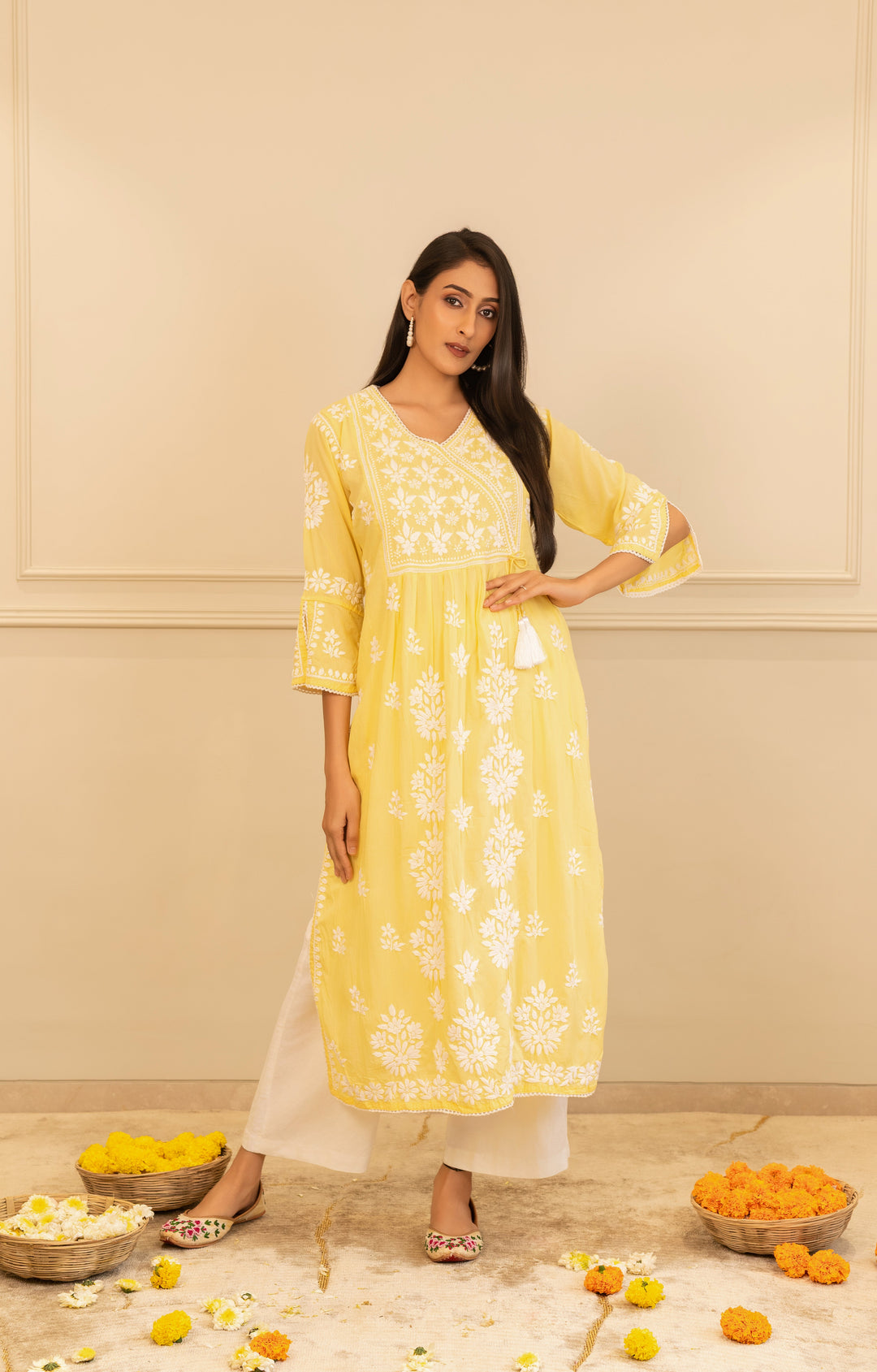 Yellow Angrakha Chikankari Kurta