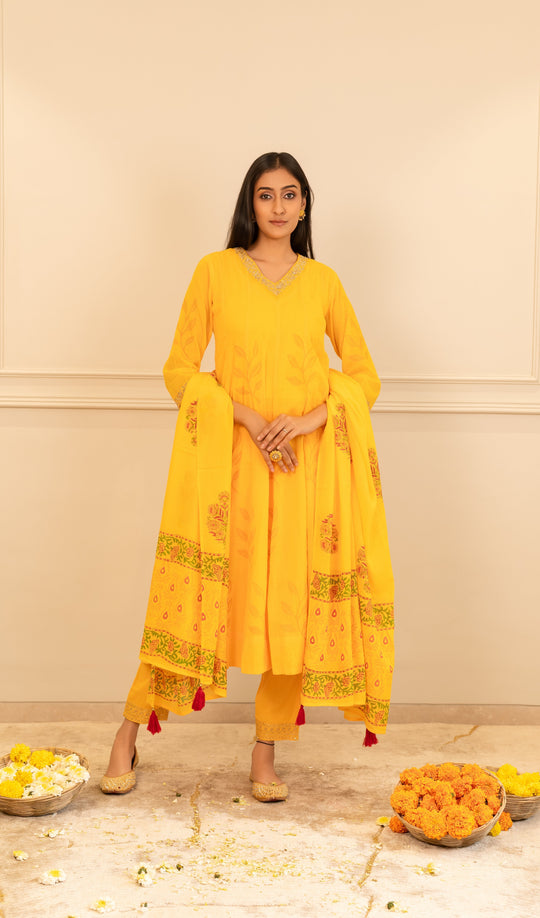 Yellow Embroidered Anarkali Set with Dupatta