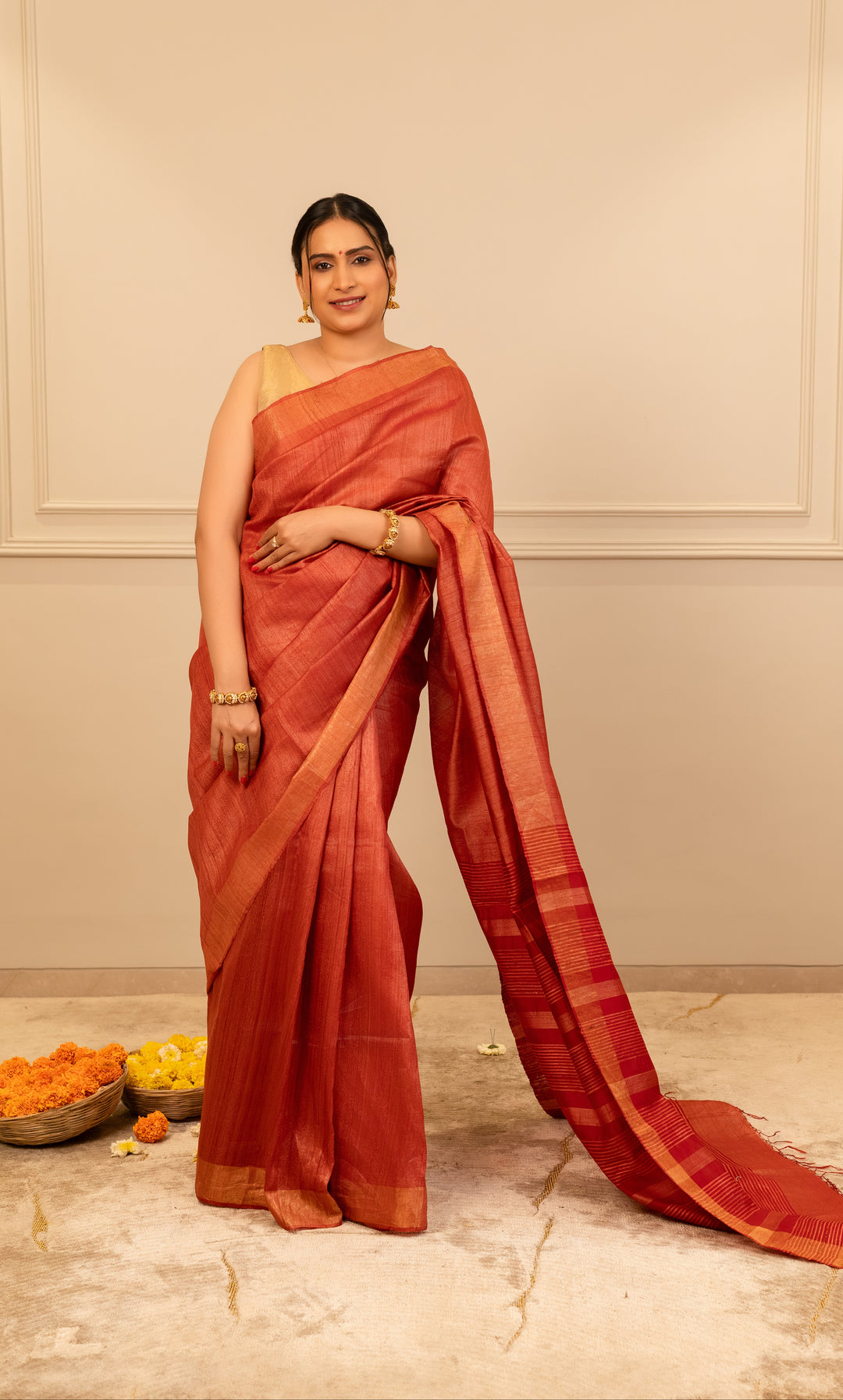 Orange Tussar Handloom Saree