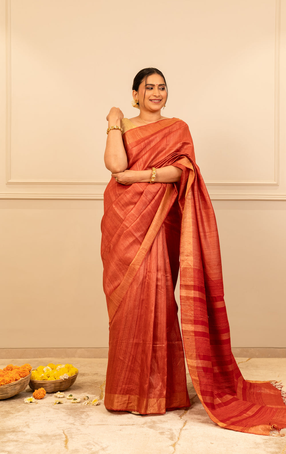 Orange Tussar Handloom Saree