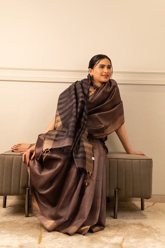 Black Tussar Handloom Saree