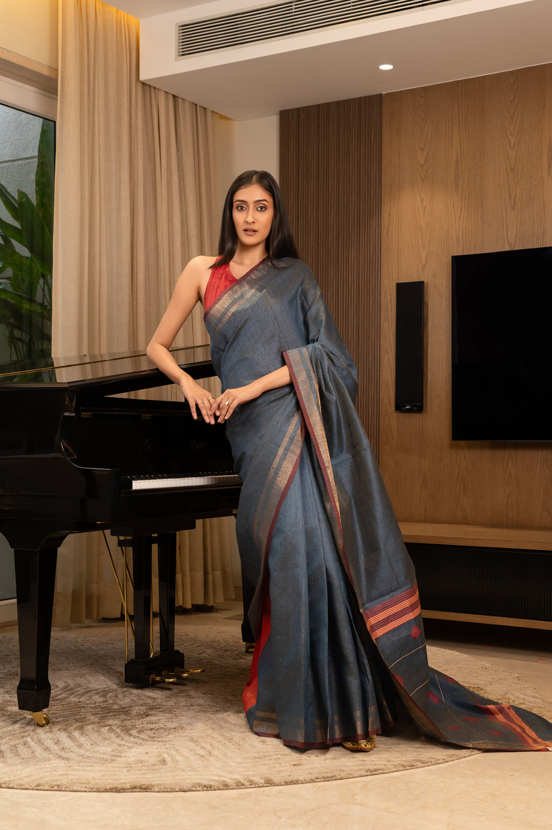 Blue Tussar Handloom Saree