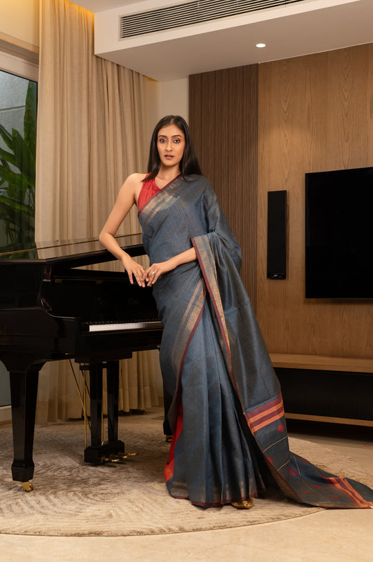 Blue Tussar Handloom Saree