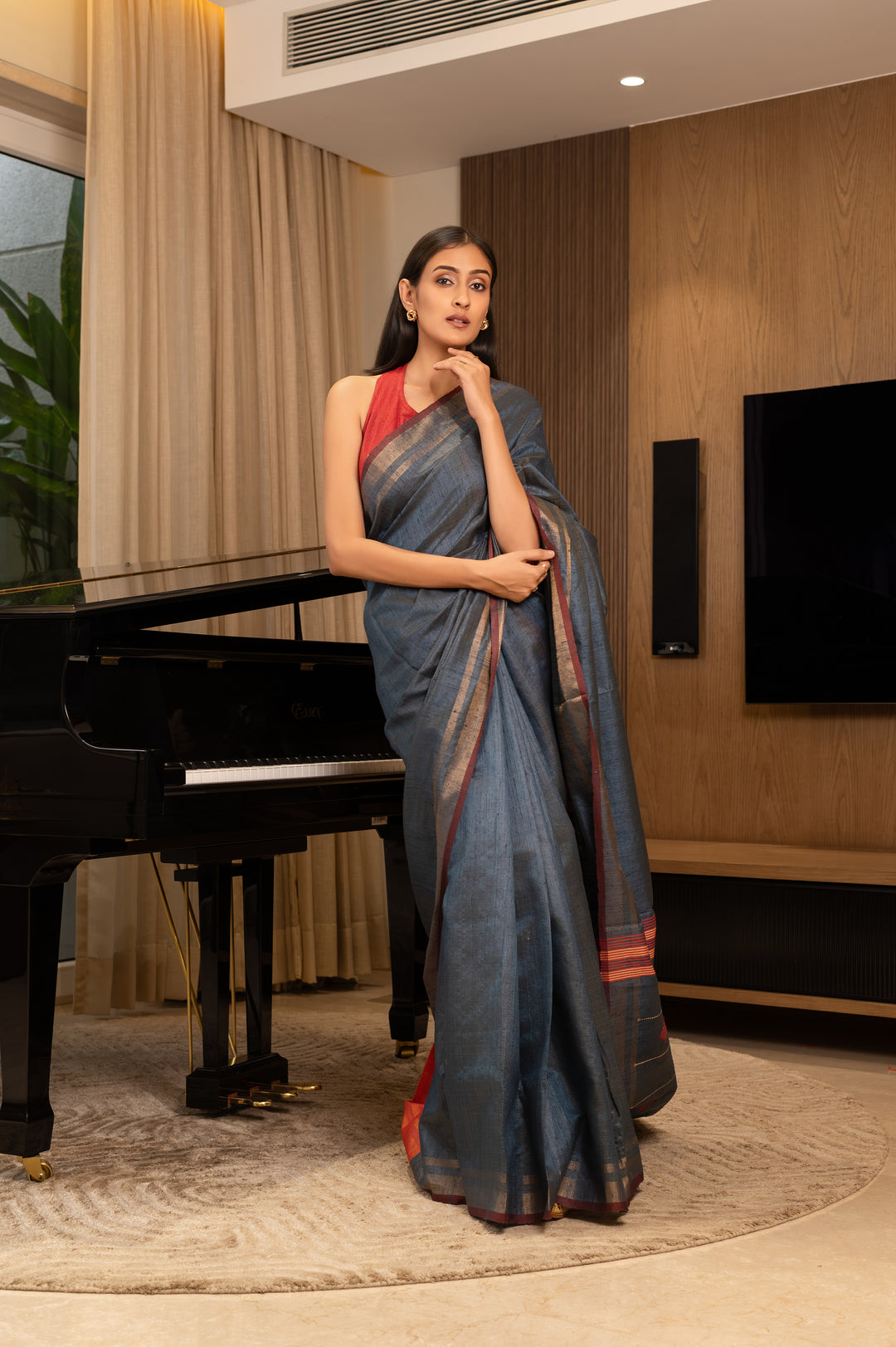 Blue Tussar Handloom Saree