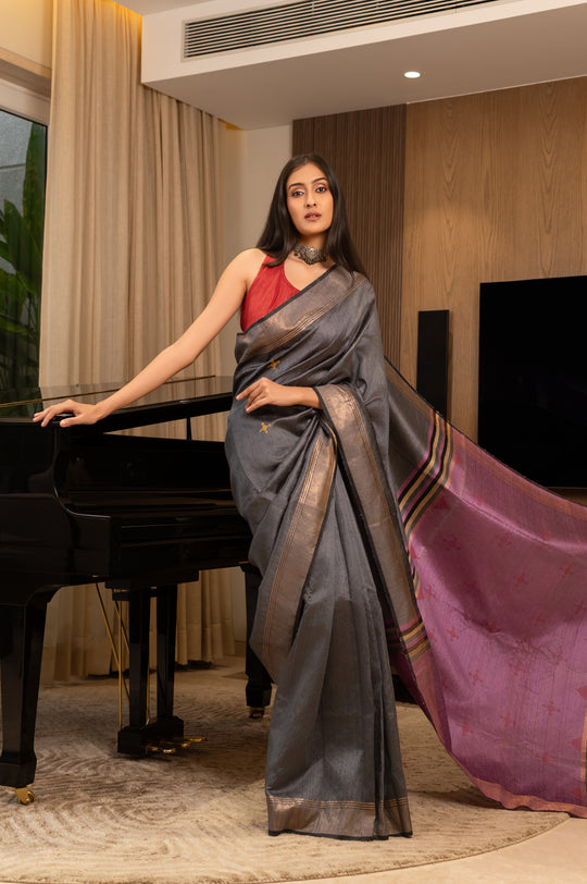 Grey Tussar Handloom Saree